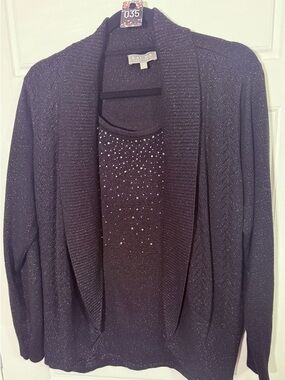 #35 Laura Black Sparkle Open-Front Cardigan with attached sparkling sweater.